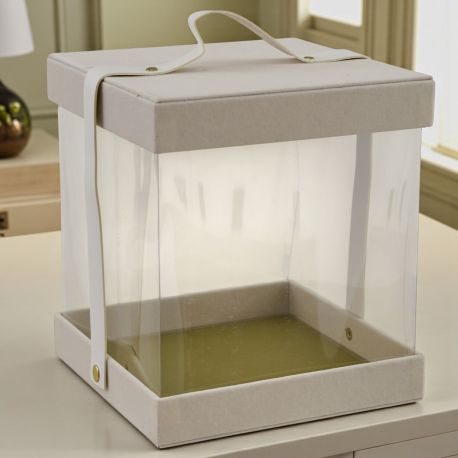 SCATOLA QUADRATA TRASPARENTE CON BASE CREMA E MANICO: EVENTI ELEGANTI