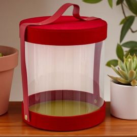 SCATOLA TONDA TRASPARENTE CON BASE E COPERCHIO ROSSI PER BOMBONIERE