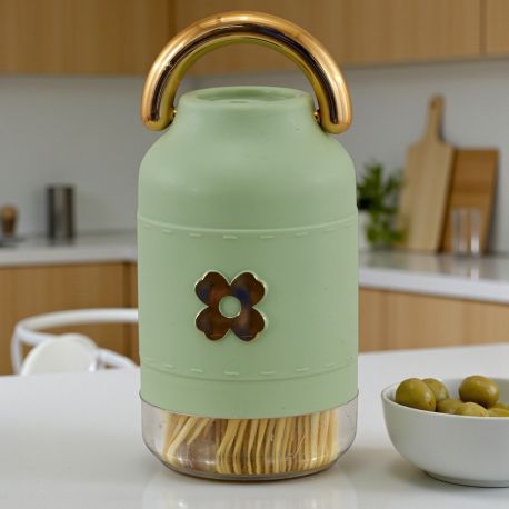 PORTA STUZZICADENTI A FORMA DI BORRACCIA CELESTE CON DECORAZIONE FLOREALE