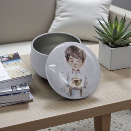 SCATOLA IN LATTA CON BIMBO E CALICE: BOMBONIERA PRIMA COMUNIONE