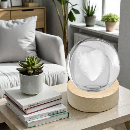 LAMPADA LED A SFERA CON IMMAGINE CUORE IN VETRO E BASE IN LEGNO