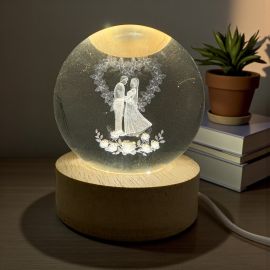 LAMPADA LED A SFERA CON BASE IN LEGNO PER BOMBONIERA ROMANTICA