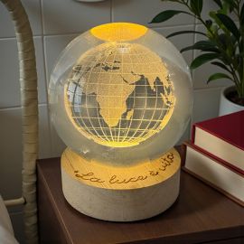 LAMPADA LED A SFERA MAPPA MONDIALE IN VETRO E LEGNO