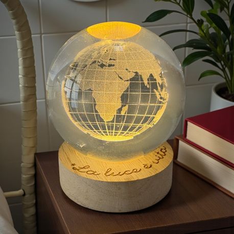LAMPADA LED A SFERA MAPPA MONDIALE IN VETRO E LEGNO