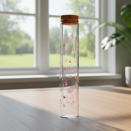 PROVETTA VETRO CON DECORI BABY ROSA E TAPPO SUGHERO PORTA CONFETTI