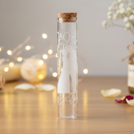 PROVETTA PORTA CONFETTI IN VETRO CON SPOSI E CUORI