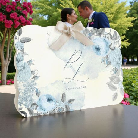 WEDDING BAG CON FIORI AZZURRI PER UN MATRIMONIO INDIMENTICABILE