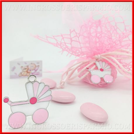 CIONDOLI NASCITA BAMBINA PASSEGGINO ROSA ACCESSORI PORTACONFETTI