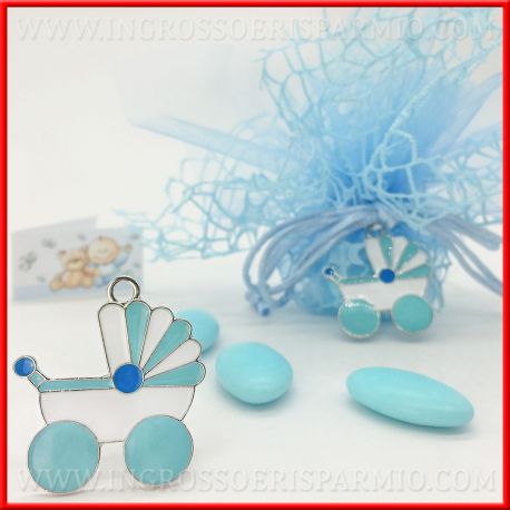 CIONDOLI A FORMA DI CARROZZINO BABY CELESTE IDEE NASCITA BIMBO