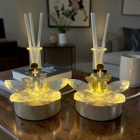 LAMPADA LED PROFUMATORE FIORE IN CRISTALLO CALICE PRIMA COMUNIONE COLOR ORO O ARGENTO
