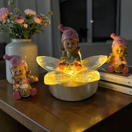LAMPADA LED CON FIORE CRISTALLO STATUINA BIMBA JOLLY BOMBONIERA BATTESIMO BIMBA