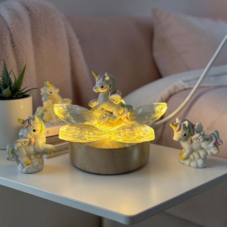 UNICORNO SU FIORE IN CRISTALLO E LAMPADA LED, BOMBONIERE PRIMO COMPLEANNO BIMBA