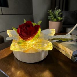 BOMBONIERA ESCLUSIVA CON LAMPADA LED ROSA ROSSA E FIORE IN CRISTALLO
