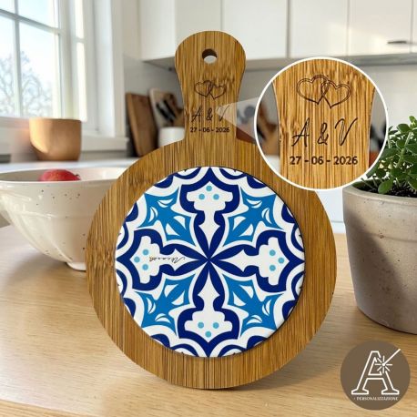 TAGLIERE TONDO IN LEGNO CON MAIOLICA BLU DECORATIVA