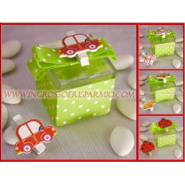 SCATOLINE PORTACONFETTI VERDI MACCHININA BICI COCCINELLA MOLLETTINA PLEXIGLASS