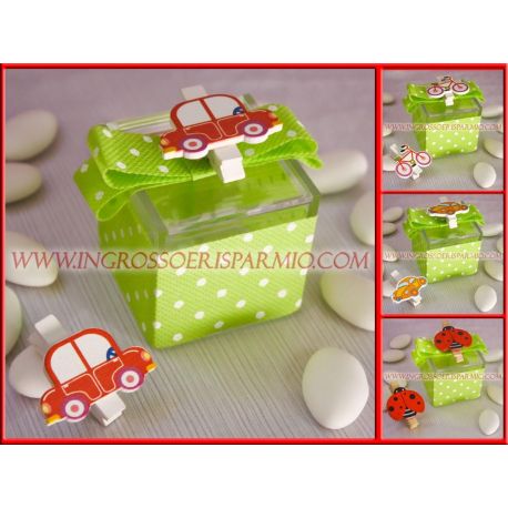 SCATOLINE PORTACONFETTI VERDI MACCHININA BICI COCCINELLA MOLLETTINA PLEXIGLASS