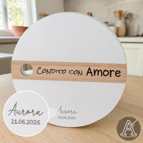VASSOIO TONDO IN DOPPIO LEGNO CON FRASE "CONDITO CON AMORE"