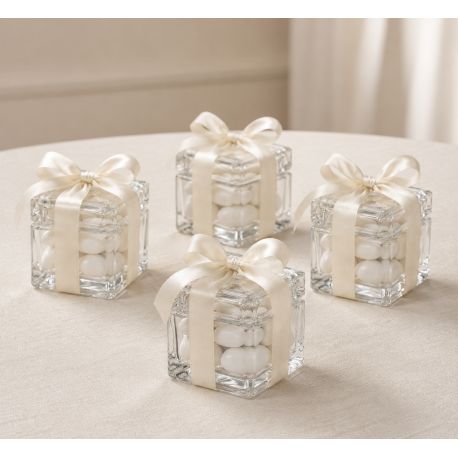 CUBO IN VETRO CON COPERCHIO PORTACONFETTI BOMBONIERE 5X5X5