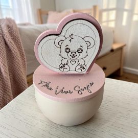 PORTACANDELA CON ORSETTO E COPERCHIO ROSA BIANCO SCRITTA AMA VIVI SOGNA IDEALE PER EVENTI BIMBA