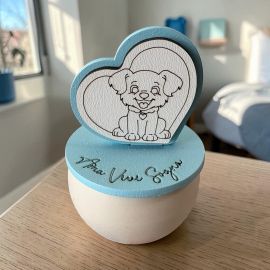 PORTACANDELA CON COPERCHIO PER BATTESIMO DESIGN CON CAGNOLINO E SCRITTE ISPIRATRICI