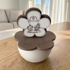 PORTACANDELA CON FIORE E SIMBOLI SACRI PER LA PRIMA COMUNIONE