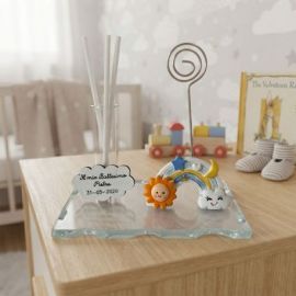 MEMOCLIP CON FIALA PORTA PROFUMO E ARCOBALENO AZZURRO BOMBONIERA