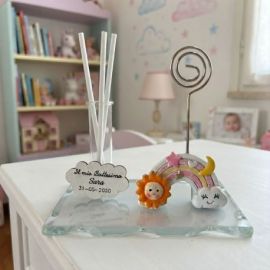 MEMOCLIP CON ARCOBALENO ROSA E FIALA PORTA PROFUMO BOMBONIERA BIMBA PERSONALIZZABILE