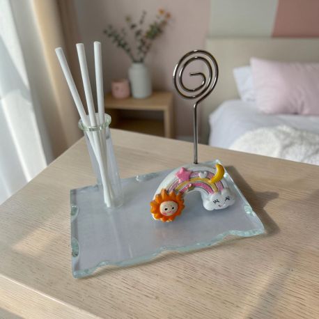 MEMOCLIP CON ARCOBALENO ROSA E FIALA PORTA PROFUMO BOMBONIERA BIMBA PERSONALIZZABILE