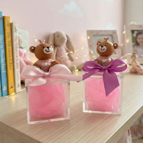 SCATOLINA BOMBONIERA CON ORSETTO ROSA PORTACONFETTI PER BIMBA