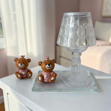 BOMBONIERA LAMPADA LED ORSETTO ROSA SU BASE IN VETRO