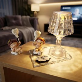BOMBONIERA LUME LED CON ANGIOLETTO E CUORE SU BASE IN VETRO E NUVOLETTA PERSONALIZZABILE