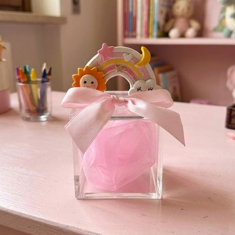 SCATOLINA PORTACONFETTI ARCOBALENO CON SOLE E NUVOLETTA SORRIDENTE NASCITA BIMBA