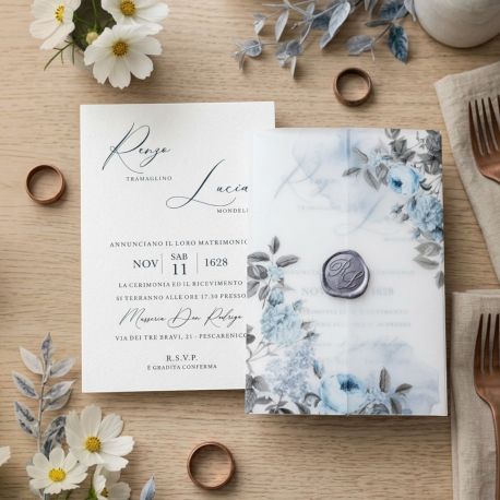 PARTECIPAZIONE TRASLUCIDA CON FIORI AZZURRI PER IL TUO MATRIMONIO