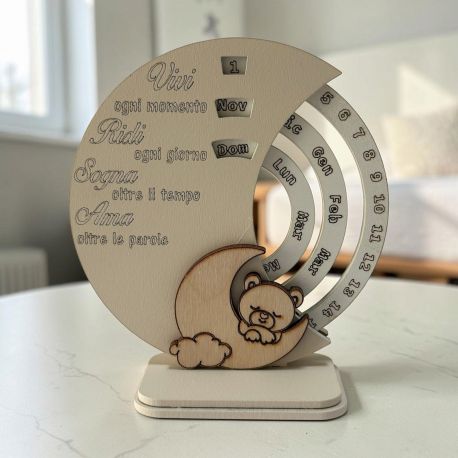 CALENDARIO PERPETUO ORSETTO LUNA BOMBONIERA BATTESIMO IN LEGNO