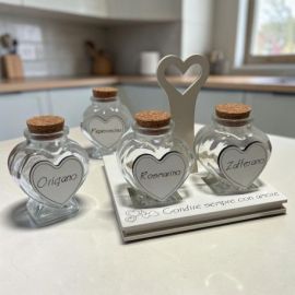PORTASPEZIE CON QUATTRO BARATTOLINI CUORE BOMBONIERA MATRIMONIO