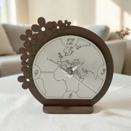 OROLOGIO MAPPAMONDO IN LEGNO CON FIORI INTAGLIATI