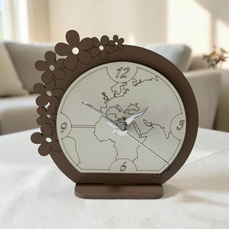 OROLOGIO MAPPAMONDO IN LEGNO CON FIORI INTAGLIATI