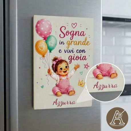 Applicazione legno bimba con palloncini e frase bomboniera battesimo nascita