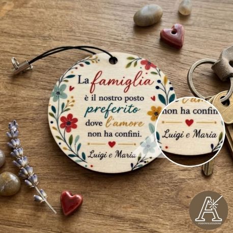 Portachiavi tondo famiglia legno bomboniera matrimonio
