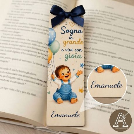 Segnalibro personalizzabile bimbo con palloncini in legno bomboniera nascita