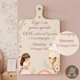 TAGLIERE RETTANGOLARE PERSONALIZZABILE BIMBA IN PREGHIERA IN LEGNO BOMBONIERA COMUNIONE
