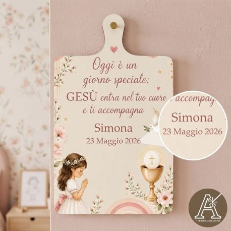 TAGLIERE RETTANGOLARE PERSONALIZZABILE BIMBA IN PREGHIERA IN LEGNO BOMBONIERA COMUNIONE