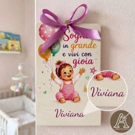 Quadretto appendino bimba personalizzabile in legno bomboniera battesimo