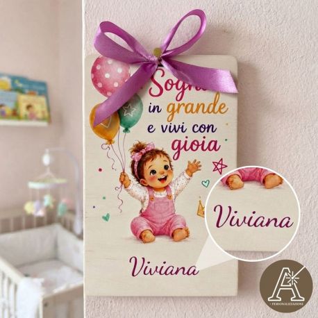 Quadretto appendino bimba personalizzabile in legno bomboniera battesimo