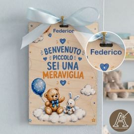 Quadretto nascita orsetto coniglietto nuvola legno bomboniera battesimo
