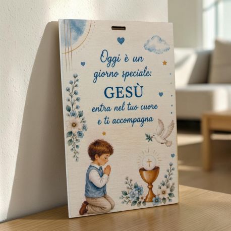 Quadretto bimbo che prega personalizzabile in legno bomboniera comunione bimbo