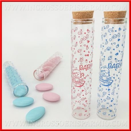 PROVETTE BOMBONIERA NASCITA BIMBO/BIMBA VETRO E SUGHERO