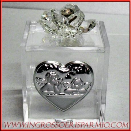 SCATOLINA PLEX SACRA ANGELI E FIORE CRISTALLO VARI COLORI PORTACONFETTI