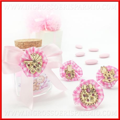 BARATTOLINI CON COCCARDA NASCITA ROSA BAMBINA PORTACONFETTI BOMBONIERE ORIGINALI UTILI