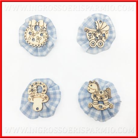 COCCARDINA TESSUTO BABY CELESTE CON LEGNETTI NASCITA BATTESIMO APPLICAZIONI BOMBONIERE FAI DA TE